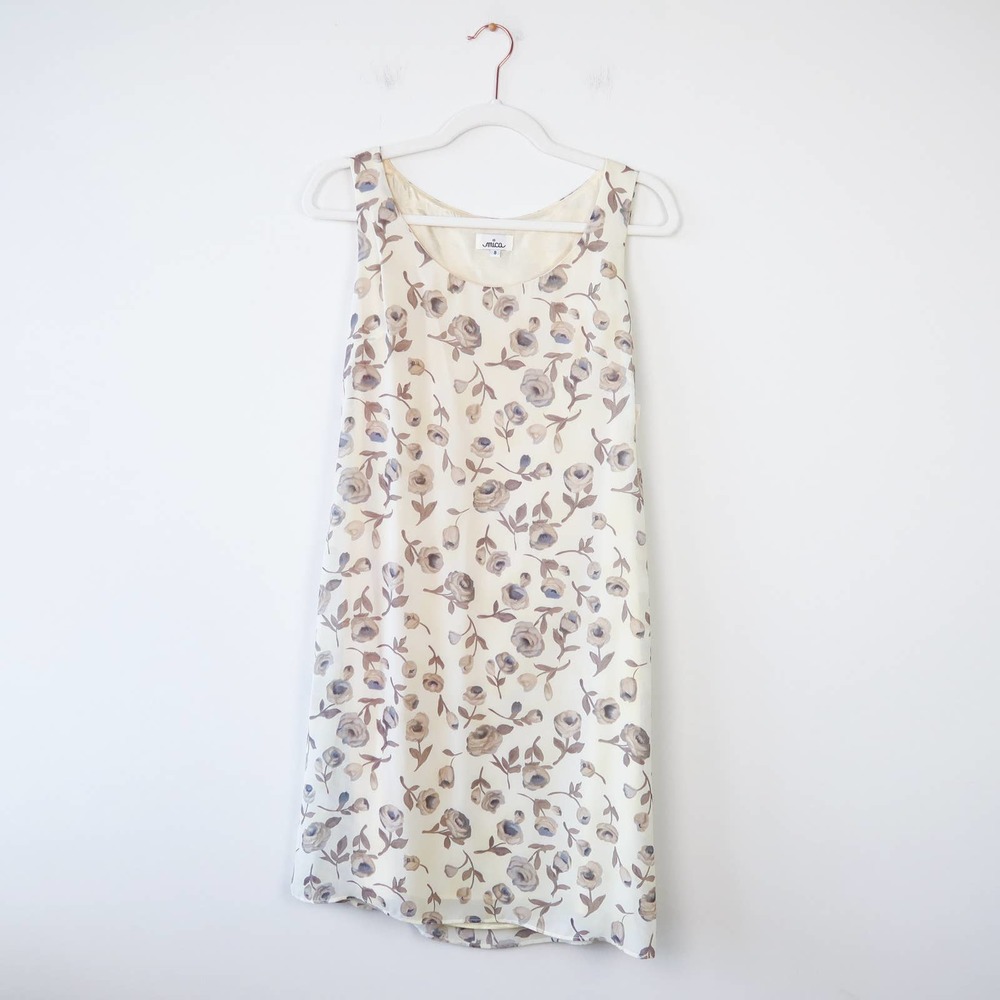 Vintage Cream White Floral Print Slip Dress Size 8